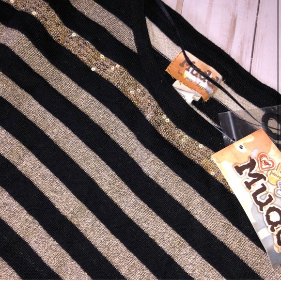 NWT MUDD Black & Gold Sparkle Sequin Striped Light Sweater MEDIUM - Picture 3 of 6